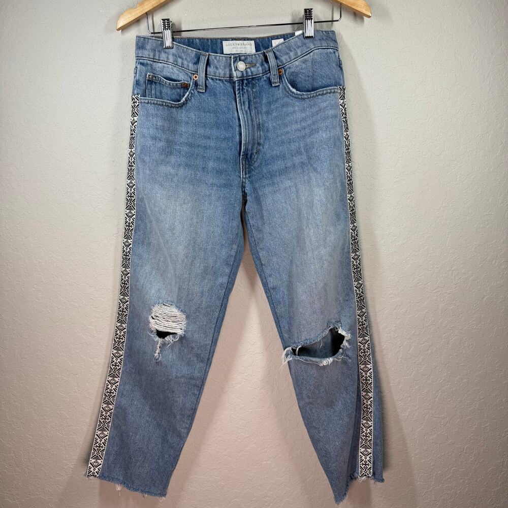 Women's Lucky Brand Ribbon Embellished Distressed Straight Leg‎ Jeans Size 2/26